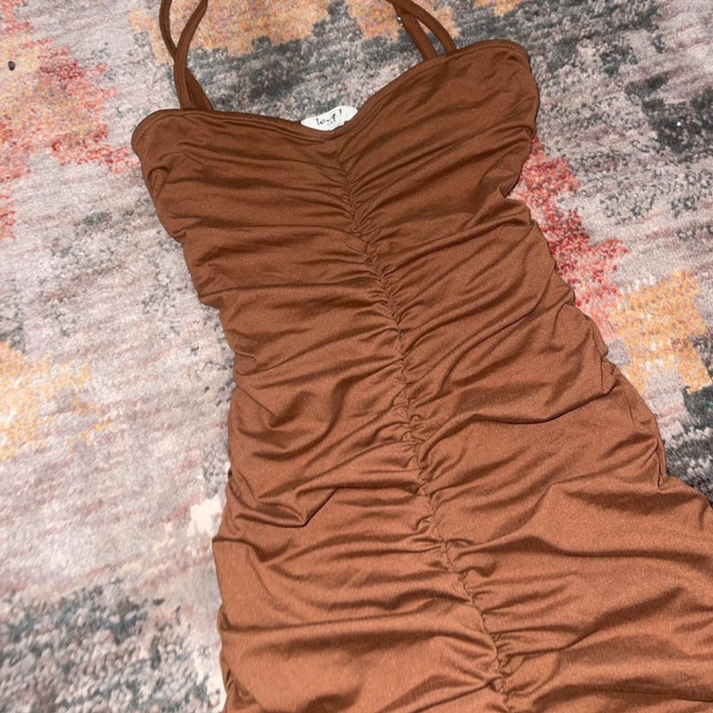 Love J USA Brown ruched spaghetti strap Bodycon dress S